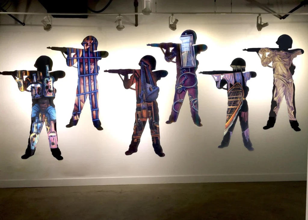 Boy with A Gun installation boy with a gun pastels on cutout canvas