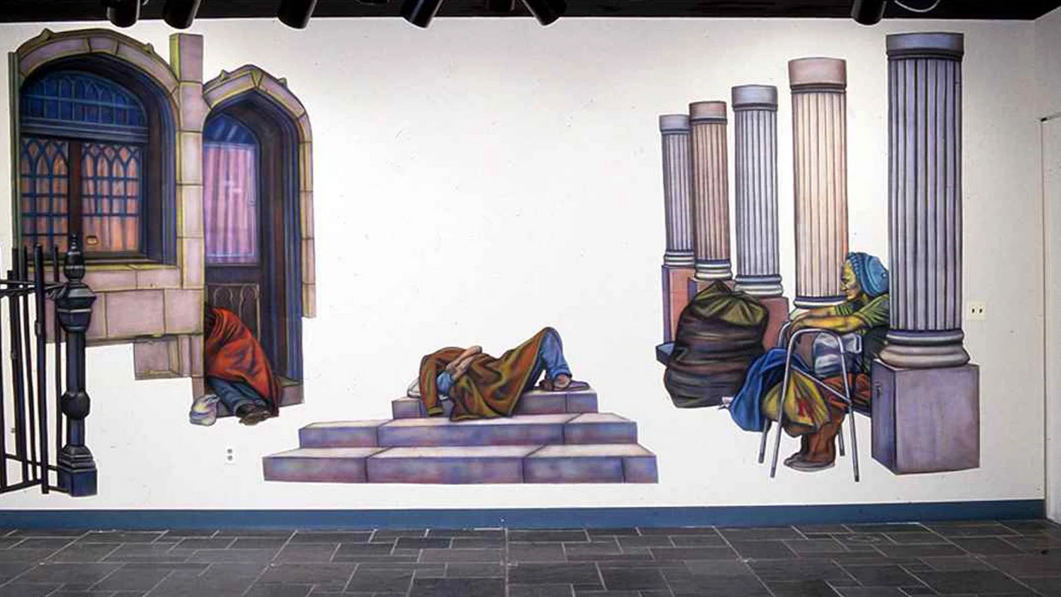 installation homeless in architectural setting pastels cutout canvas 1987