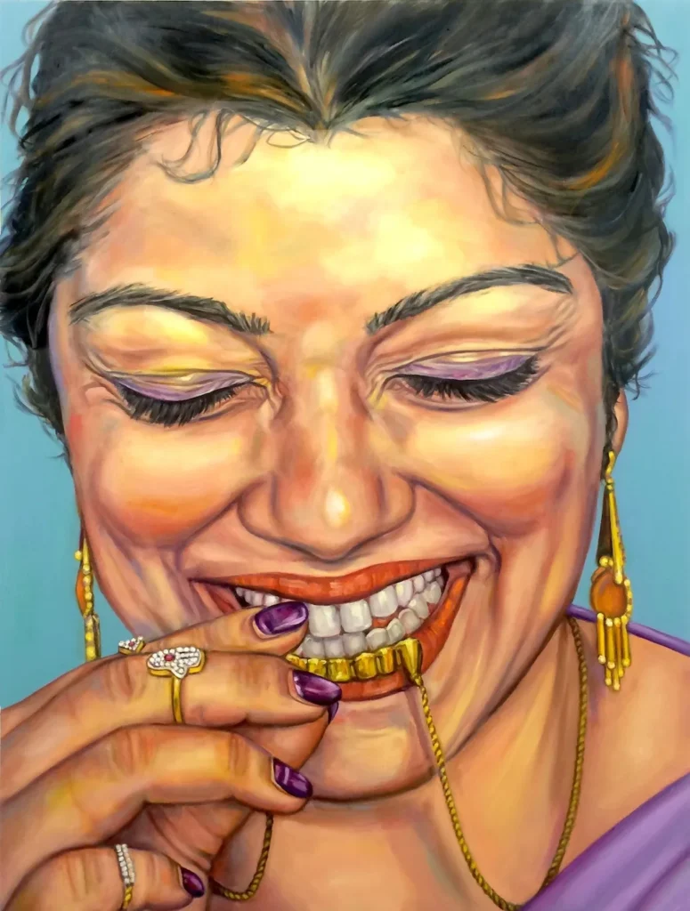 Jasmine Holding Gold Grill jasmine holding gold grill 48x36 oil alkyd wood 2016