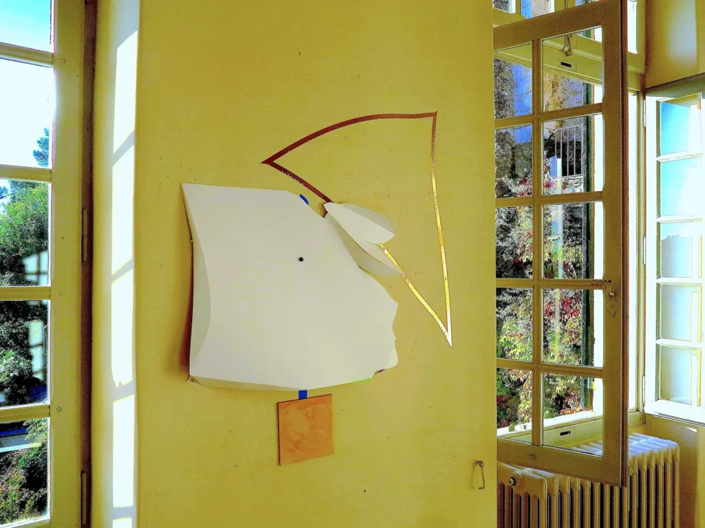 hazlewood 1 yellowline white bag guiltedged paper, tape, pushpin, acrylic, painting panel dora maar studio me╠ünerbe, france 2018 img 2620