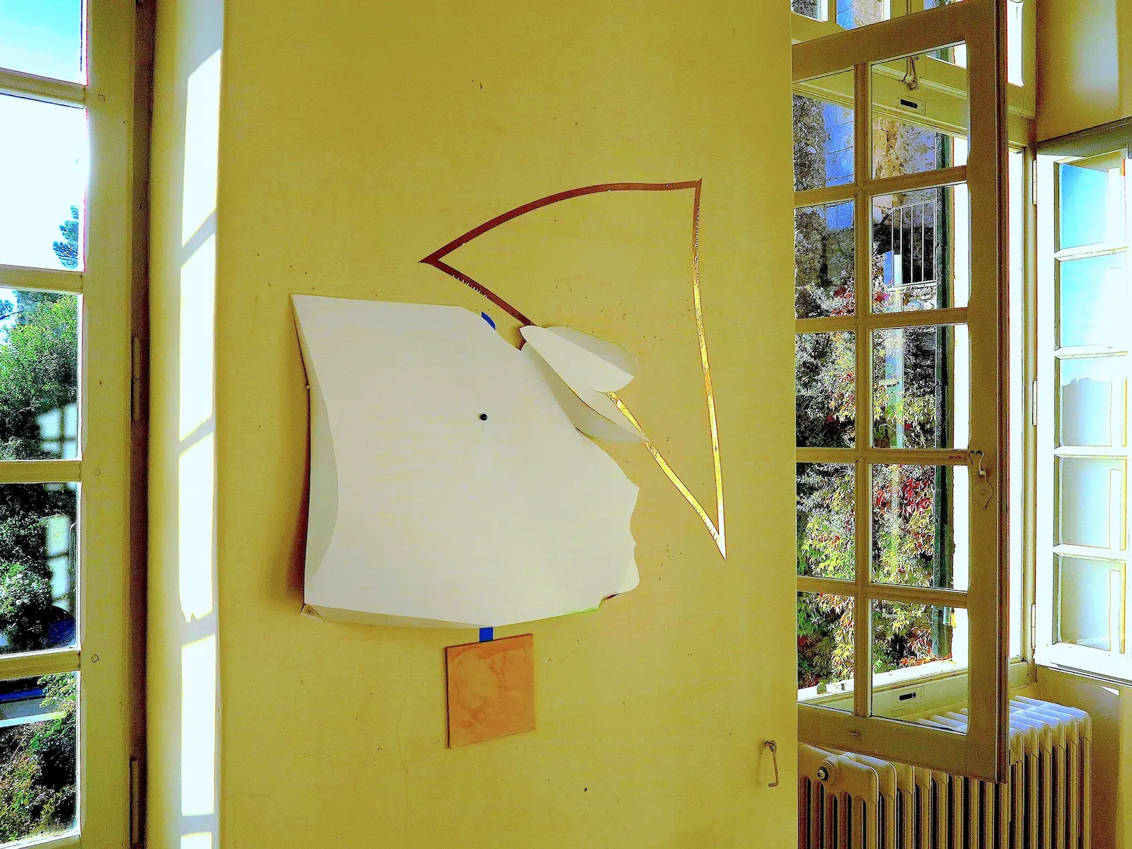 hazlewood 1 yellowline white bag guiltedged paper, tape, pushpin, acrylic, painting panel dora maar studio me╠ünerbe, france 2018 img 2620