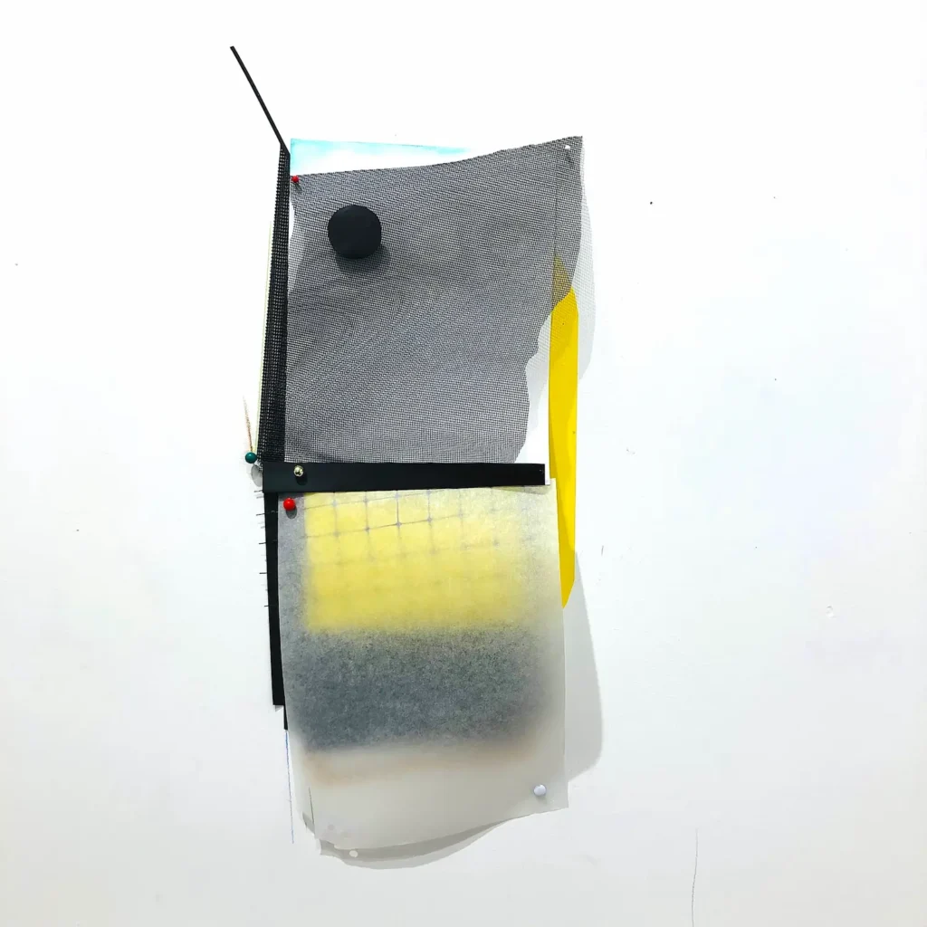 carl 2022 yellow underthings for a blackhead 25 x 11 x 3 ins cut papers, tape, pushpins, pastel, plastic mesh art cake studio